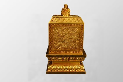 Vintage Chinese Gilt Gold Copper Fortune Beast Seal w Box
