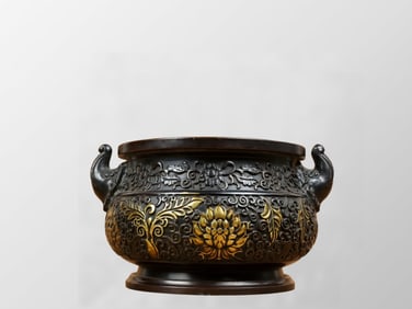 Vintage Chinese Gilt Gold Copper Double Ear Incense Burner