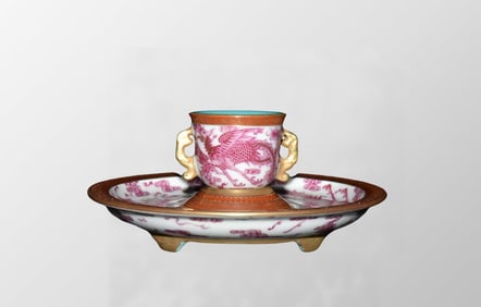 Chinese Gilt Gold Rouge Red Glaze Dragon Phoenix Design Porcelain Cup & Saucer