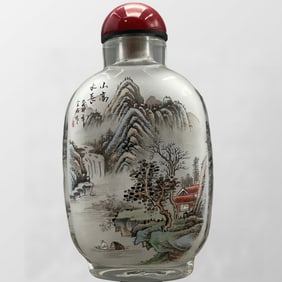 Old Chinese Peking Glass Inside Painting Mountain River Scene Snuff Bottle w Stopper