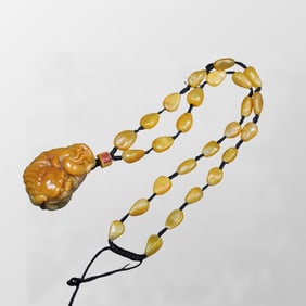 Superb Chinese Tianhuang Stone Carved Fortune Pixiu Pendant w Beads Necklace