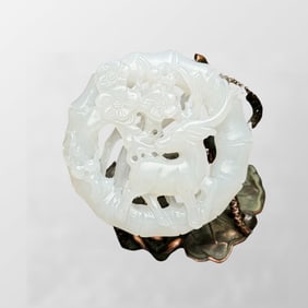 Openwork Chinese Hetian Jade Carved Plum Flower & Deer Pendant