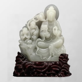 Superb Chinese Hetian Jade Kwan-yin & Fortune Kids Statue