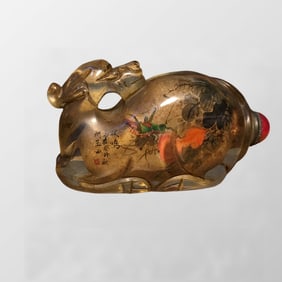 Old Chinese Peking Glass Inside Painting Locust Snuff Bottle w Stopper