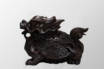 Vintage Chinese Chenxiang Wood Carved Dragon Turtle Statue