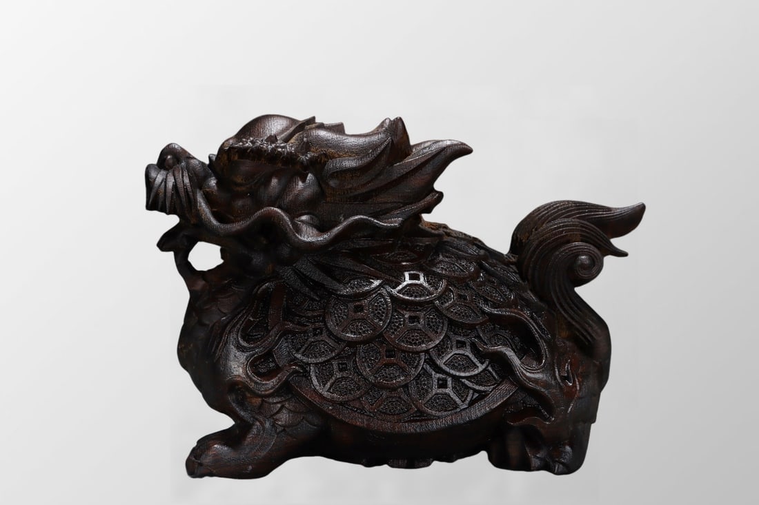 Vintage Chinese Chenxiang Wood Carved Dragon Turtle Statue (1 of 10)