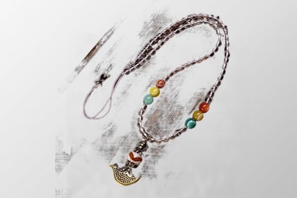 Vintage Gilt Gold Inlay DZI Agate Xiangmo Axe Pendant w White Crystal & Agate Beads Necklace
