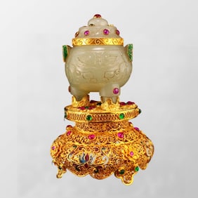 Chinese Gilt Gold Hetian Jade Inlay Gem Double Ears 3 Legs Incense Burner w Gold Wire Enamel Base