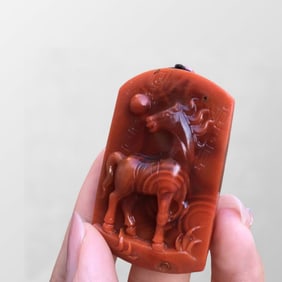 Superb Chinese Nanhong Agate Carved Fortune Horse Pendant