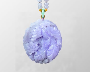 Exquisite Purple Jadeite Carved Phoenix Pendant w Jadeite Beads Necklace