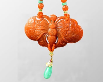 Exquisite Jadeite Carved Butterfly Pendant w Jadeite Beads Necklace