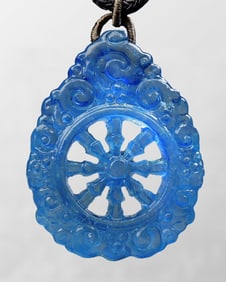 Beautiful Natural Aquamarine Carved Dharma-vessel Pendant w Hand Woven Necklace