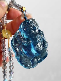 Beautiful Natural Aquamarine Carved Laughing Buddha Pendant w Beads Necklace