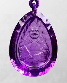 Beautiful Natural Amethyst Carved Laughing Buddha Pendant w Hand Woven Beads Necklace
