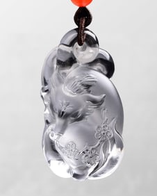Beautiful Natural White Crystal Carved Nine-tailed Fox Pendant w Hand Woven Necklace