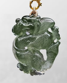 Beautiful Natural Green Crystal Carved Fortune Dragon Pendant w Hand Woven Beads Necklace