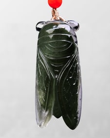 Beautiful Natural Green Crystal Carved Fortune Cicada Pendant w Hand Woven Necklace