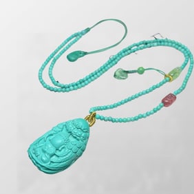 High Quality Natural Turquoise Carved Buddha Pendant w Hand Woven Beads Necklace