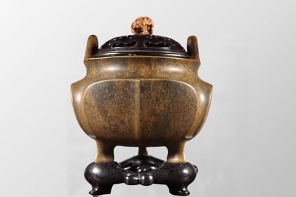 Chinese Copper 3 Leg Double Ears Incense Burner w Zitan Wood Base
