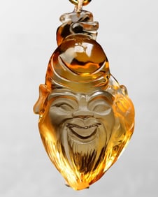 Beautiful Yellow Crystal Carved Longevity Taoism Deity Pendant w Hand Woven Beads Necklace