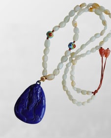 Beautiful Chinese Lapis Lazuli Carved General Guangong Pendant w Hetian Jade Beads Necklace