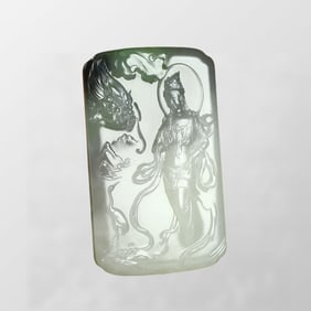Superb Chinese Hetian Jade Low Relief Kwan-yin Pendant