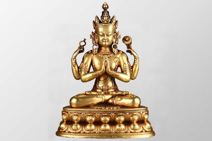 Superb Old Tibetan Gilt Gold Copper Four Arm Kwan-yin Statue
