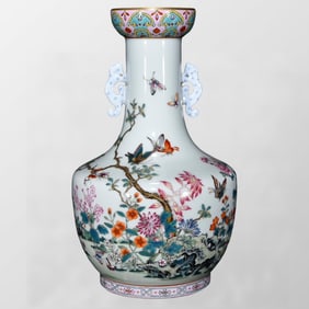 Chinese Qing Dynasty Gilt Edge Famille Rose Hundreds Of Flowers In Bloom Design Porcelain Vase