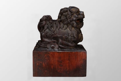 Vintage Chenxiang Wood Carved Fortune Lion Seal w Box
