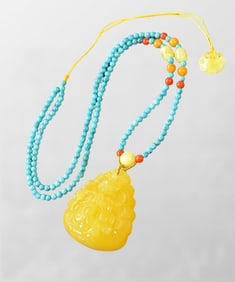 Beautiful Beeswax Carved Nine-tailed Fox Pendant w Turquoise Beads Hand Woven Necklace
