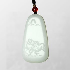 Chinese Natural Hetian Jade Low Relief Fortune Horse Pendant