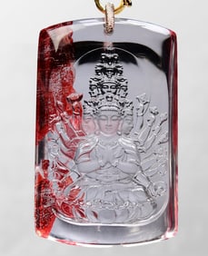 Beautiful Natural Crystal Low Relief Thousand-hand Bodhisattva Pendant w Beads Necklace