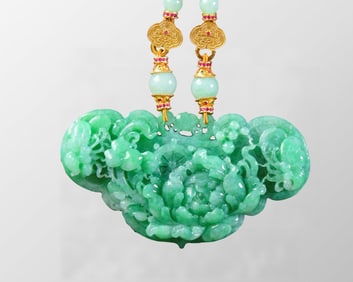 Exquisite Jadeite Carved Peony Pendant w Beads Necklace