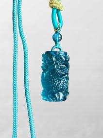 Beautiful Natural Aquamarine Carved Fortune Dragon Pendant w Hand Woven Necklace
