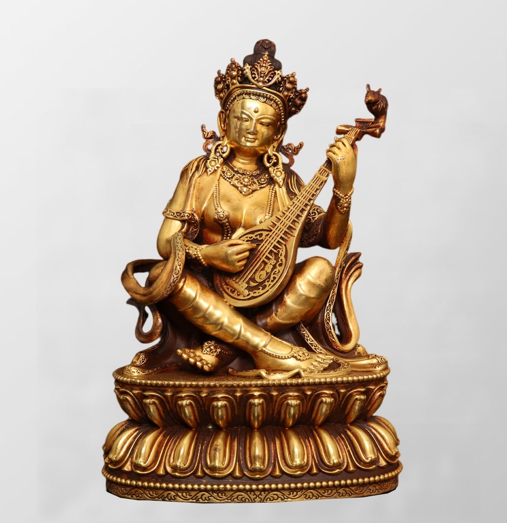 Old Tibetan Gilt Gold Copper Miaoyin Buddha Statue (1 of 10)