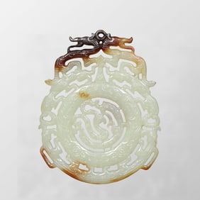 Openwork Chinese Hetian Jade Carved Dragon Phoenix Pendant
