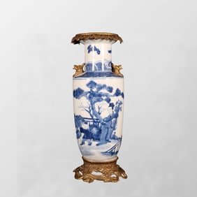 Chinese Gilt Gold Copper Inlay Blue And White Porcelain Figure Design Porcelain Vase
