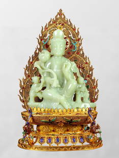 Exquisite Chinese Hetian Jade Carved Kwan-yin Statue w Gold Wire Enamel Base: Exquisite Chinese Hetian Jade Carved Kwan-yin Statue w Gold Wire Enamel BaseDimension: 370 x 200 x 150(mm) 14.57 x 7.87 x 5.90 (inches) Weight: 6.91 lbs/ 3134 g