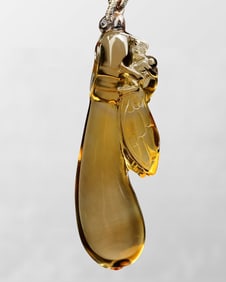Beautiful Yellow Crystal Carved Fortune Cicada Pendant w Hand Woven Necklace
