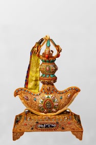 Tibetan Buddhism Gold Wire Inlay DZI Agate & Turquoise & Lapis Lazuli Axe Statue w Base