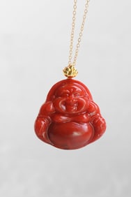 Beautiful Chinese Nanhong Agate Carved Laughing Buddha Pendant