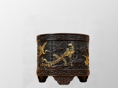 Chinese Gilt Gold Copper Low Relief Phoenix & Crane Design Brush Pot
