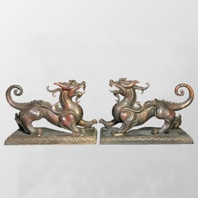 A Pair Vintage Chinese Bronze Fortune Pixiu Statue