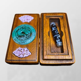 Old Tibetan DZI Agate Lucky Pendant w Huali Wood Inlay Gem Box