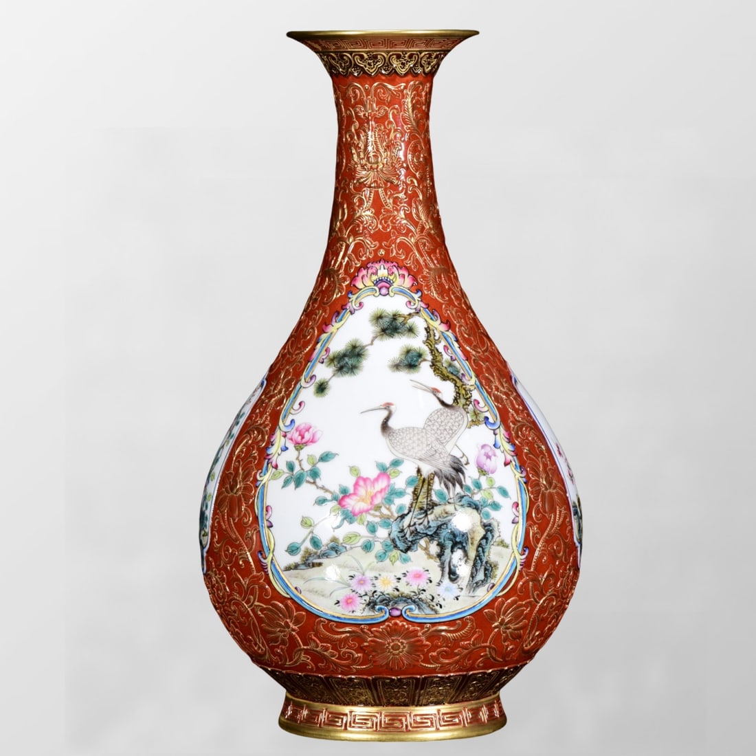 Chinese Gilt Edge Red Glaze Famille Rose Pine Tree & Crane Design Porcelain Vase (1 of 10)