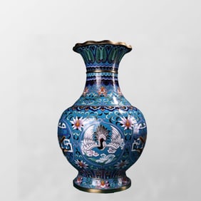 Vintage Chinese Gilt Gold Copper Cloisonne Crane Design Vase