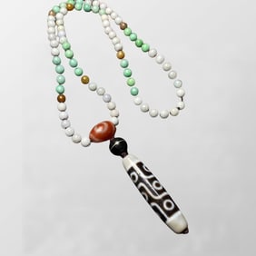 Vintage Tibetan DZI Agate Lucky Pendant w Hand Woven Jadeite Beads Necklace