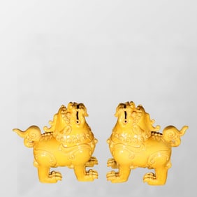 A Pair Chinese Yellow Glaze Fortune Lion Porcelain Incense Burner