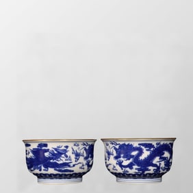 A Pair Chinese Gilt Edge Blue And White Dragon Phoenix Porcelain Cups