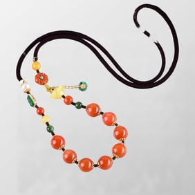 Hand Woven Chinese Nanhong Agate & Beeswax & Green Hetian Jade Beads Necklace